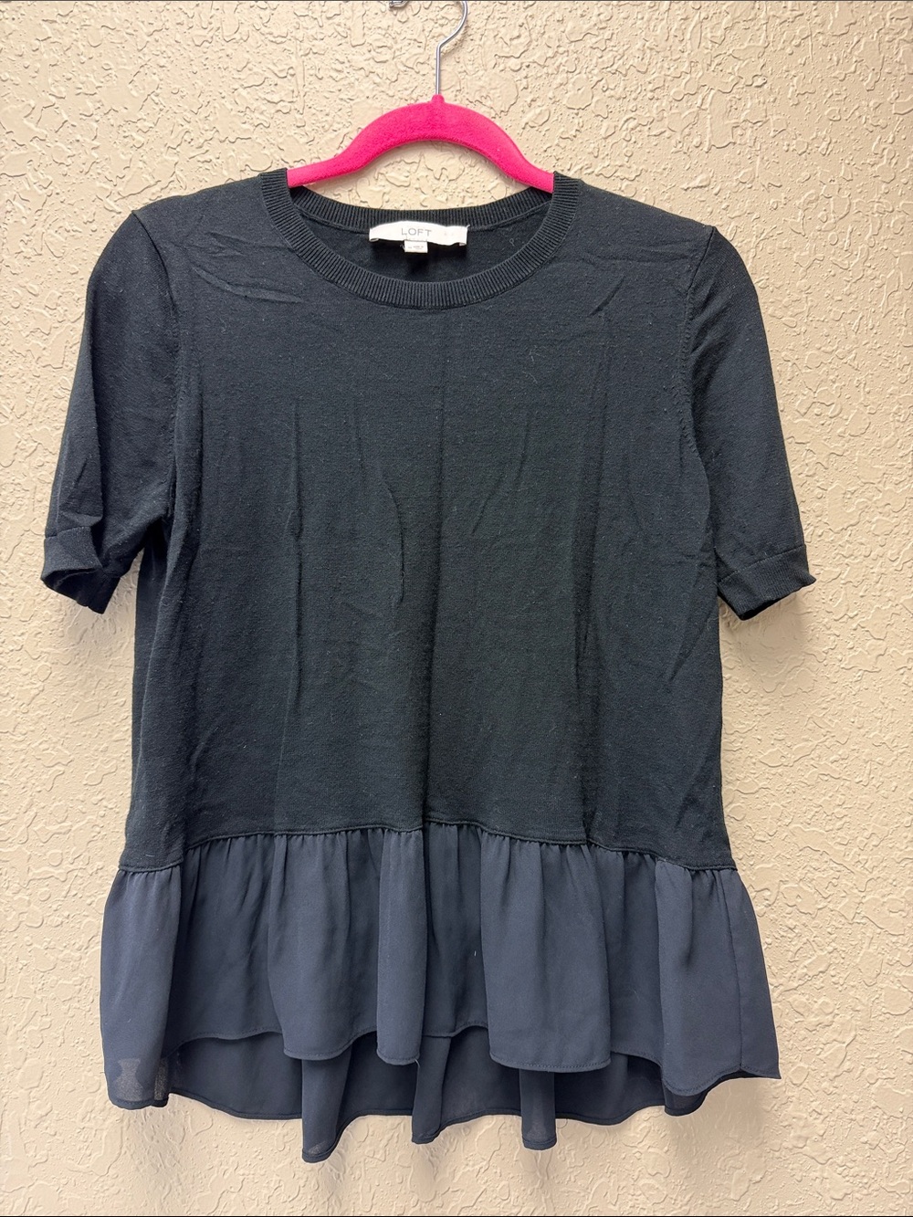 LOFT Medium Black Short-Sleeve Peplum Tunic with Ruffle